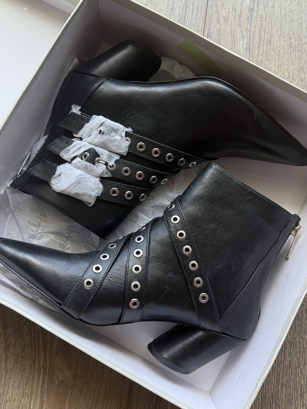 Shellys London Black Faux-Leather Ankle Boots with Grommet Straps
